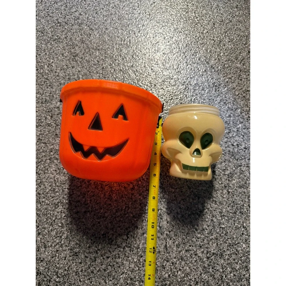 Vintage Halloween Pumpkin Blow Mold Bucket and Skull Candy Container Set